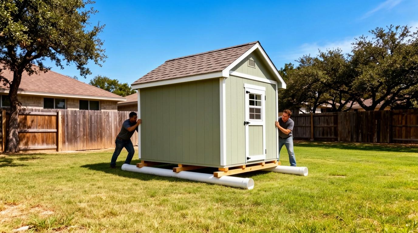 Professional crew moving a storage shed on PVC pipe rollers